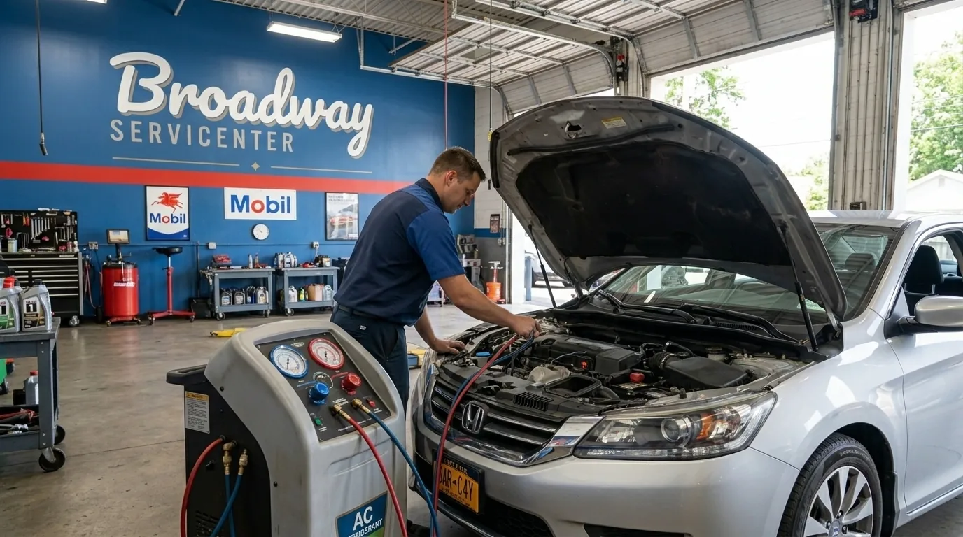 Technician performing AC recharge and air conditioning service at Broadway Servicenter in Garden City, NY