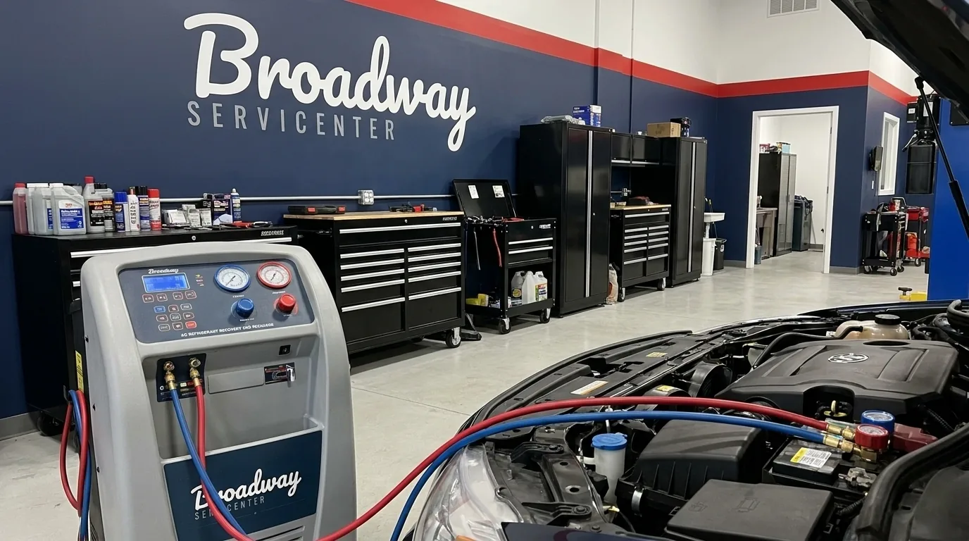 Technician performing AC recharge and air conditioning service at Broadway Servicenter in Garden City, NY