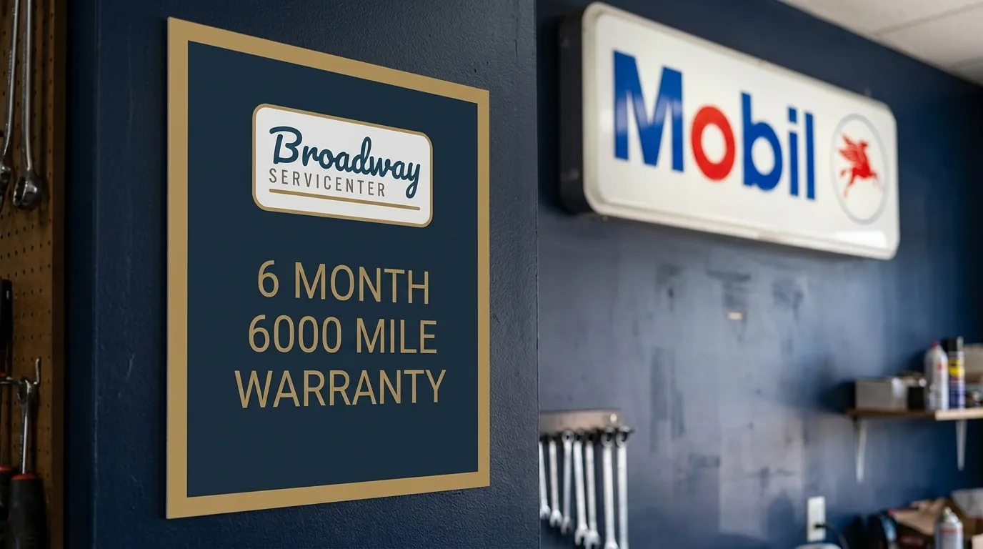 Mechanic handing paperwork to a customer at Broadway Servicenter in Garden City, NY