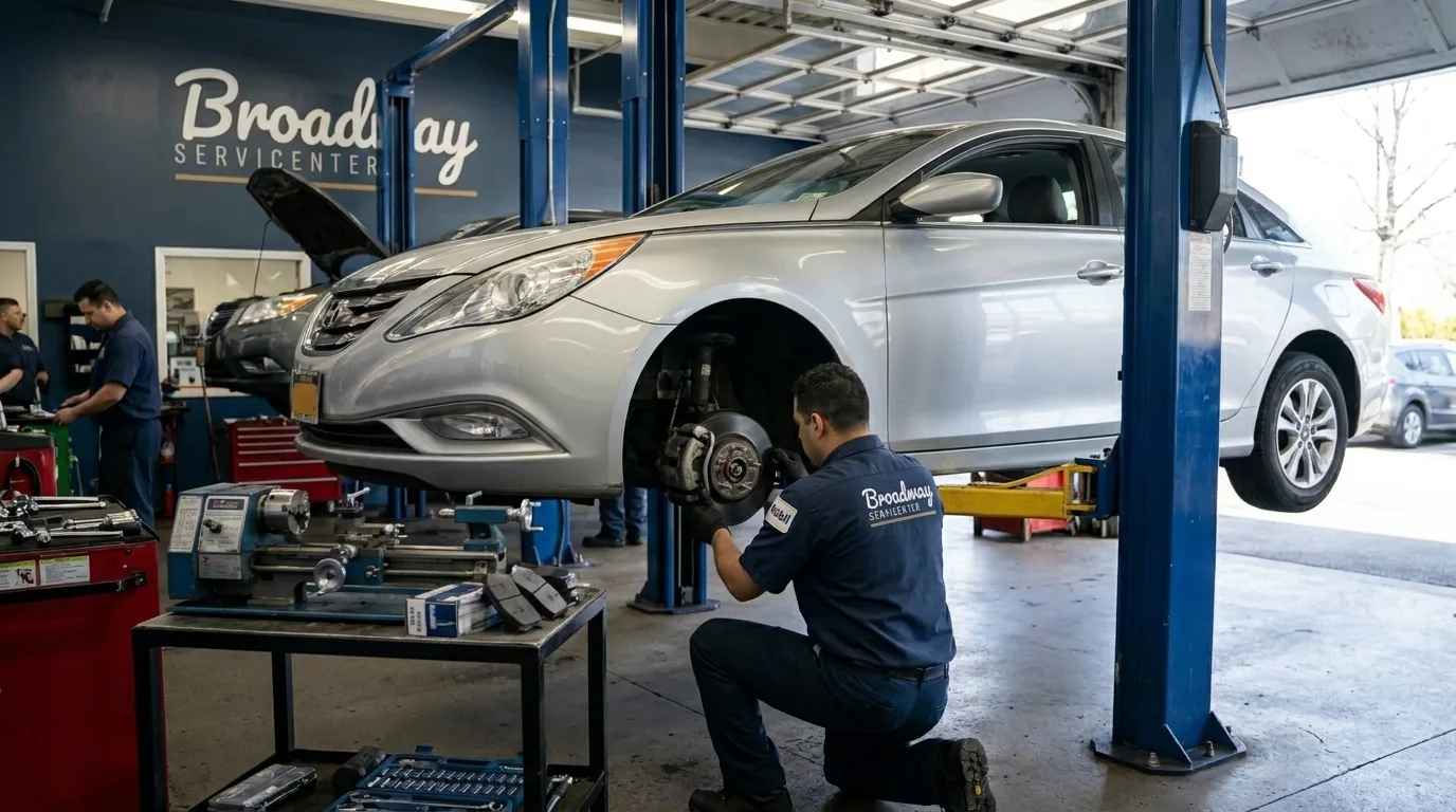 Technician performing a brake job at Broadway Servicenter in Garden City, NY
