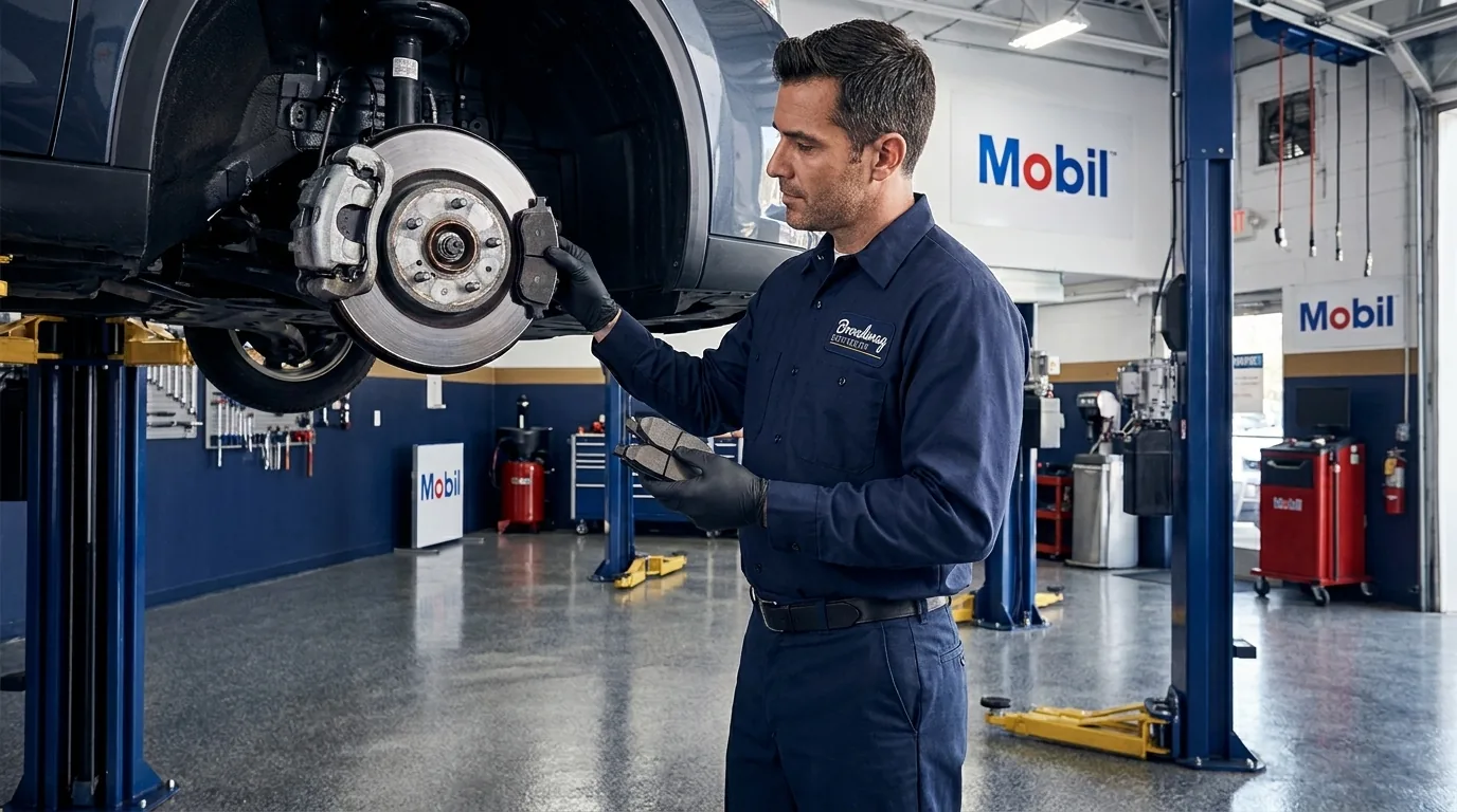 Technician performing a brake job at Broadway Servicenter in Garden City, NY
