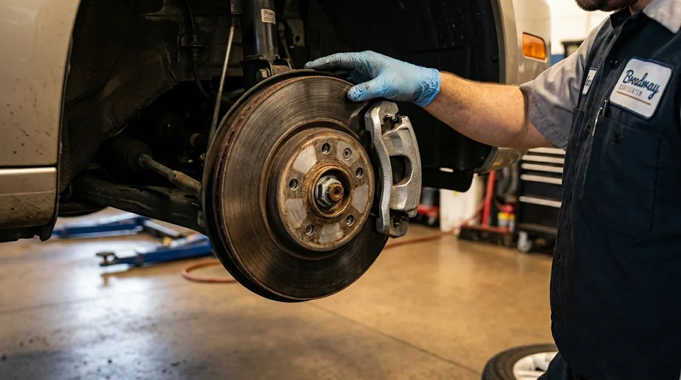 Technician performing a brake job at Broadway Servicenter in Garden City, NY