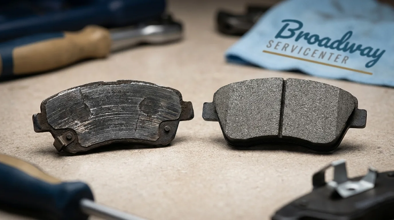 Brake warning signs - worn brake pads and rotors at Broadway Servicenter in Garden City, NY