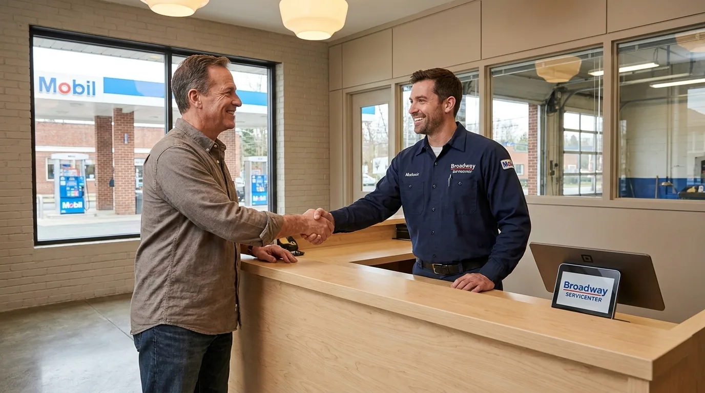 Happy car owner shaking hands with a mechanic at Broadway Servicenter in Garden City, NY