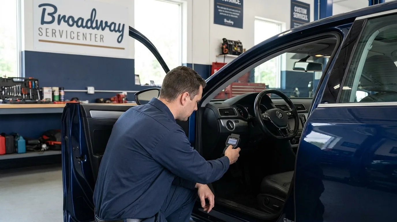ASE-certified mechanic performing engine diagnostics at Broadway Servicenter in Garden City, NY