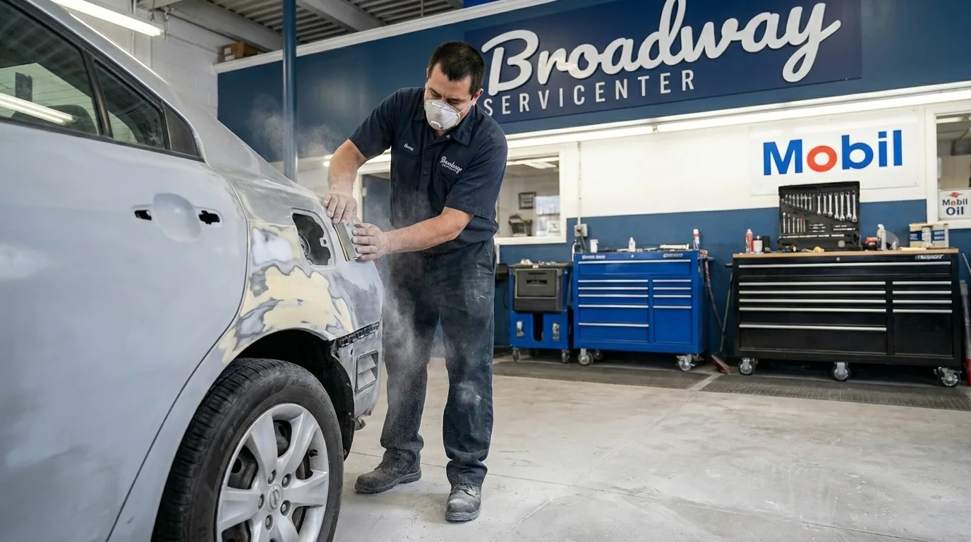 Auto body collision repair in progress at Broadway Servicenter in Garden City, NY
