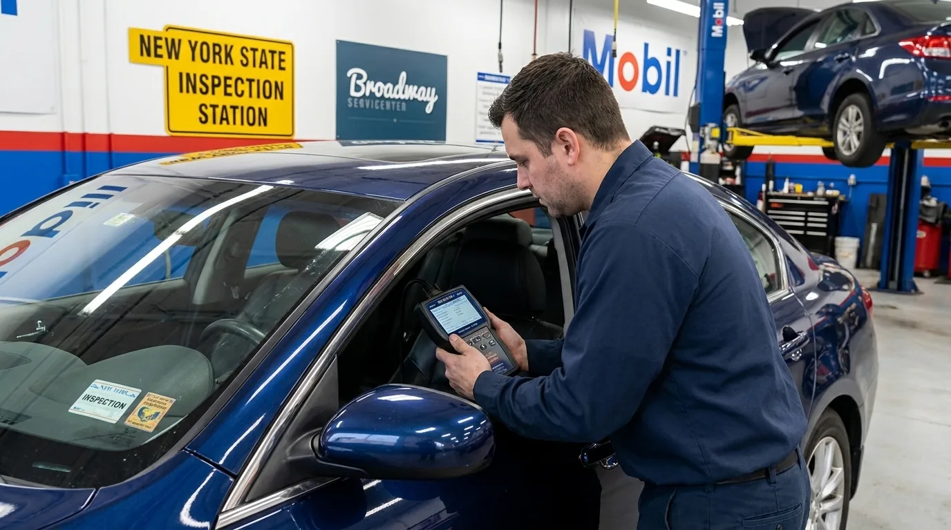 Vehicle undergoing NYS safety inspection at Broadway Servicenter, a state-registered inspection station in Garden City, NY