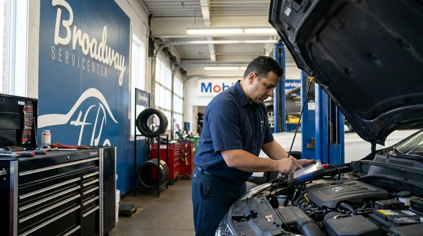 ASE-certified mechanic performing engine diagnostics at Broadway Servicenter in Garden City, NY