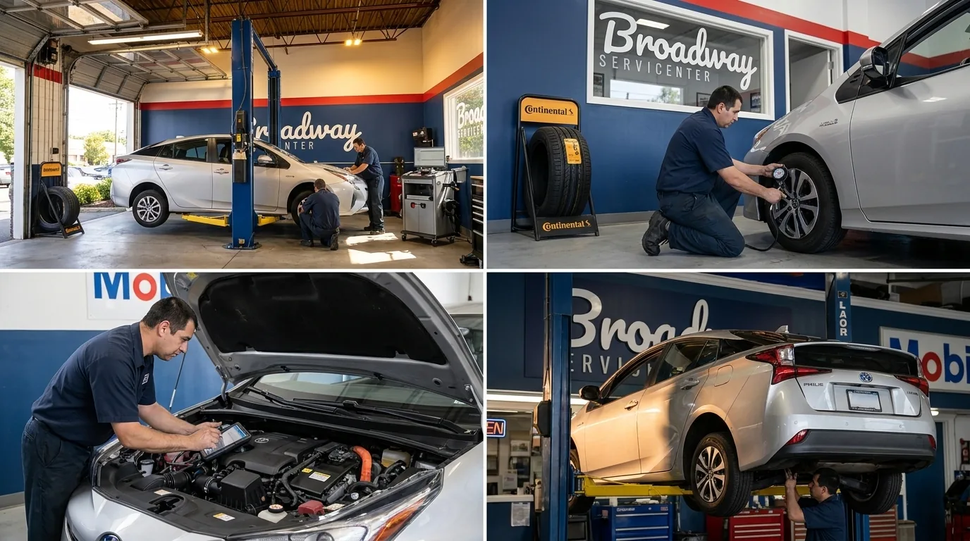 ASE-certified technician servicing a hybrid vehicle at Broadway Servicenter in Garden City, NY