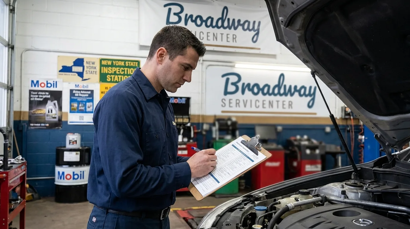 Vehicle undergoing NYS safety inspection at Broadway Servicenter, a state-registered inspection station in Garden City, NY