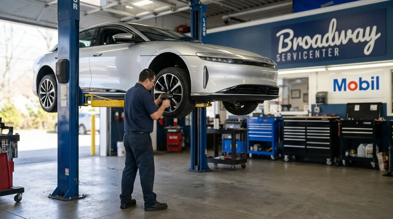 Lucid Air tire and brake service at Broadway Servicenter in Garden City, NY