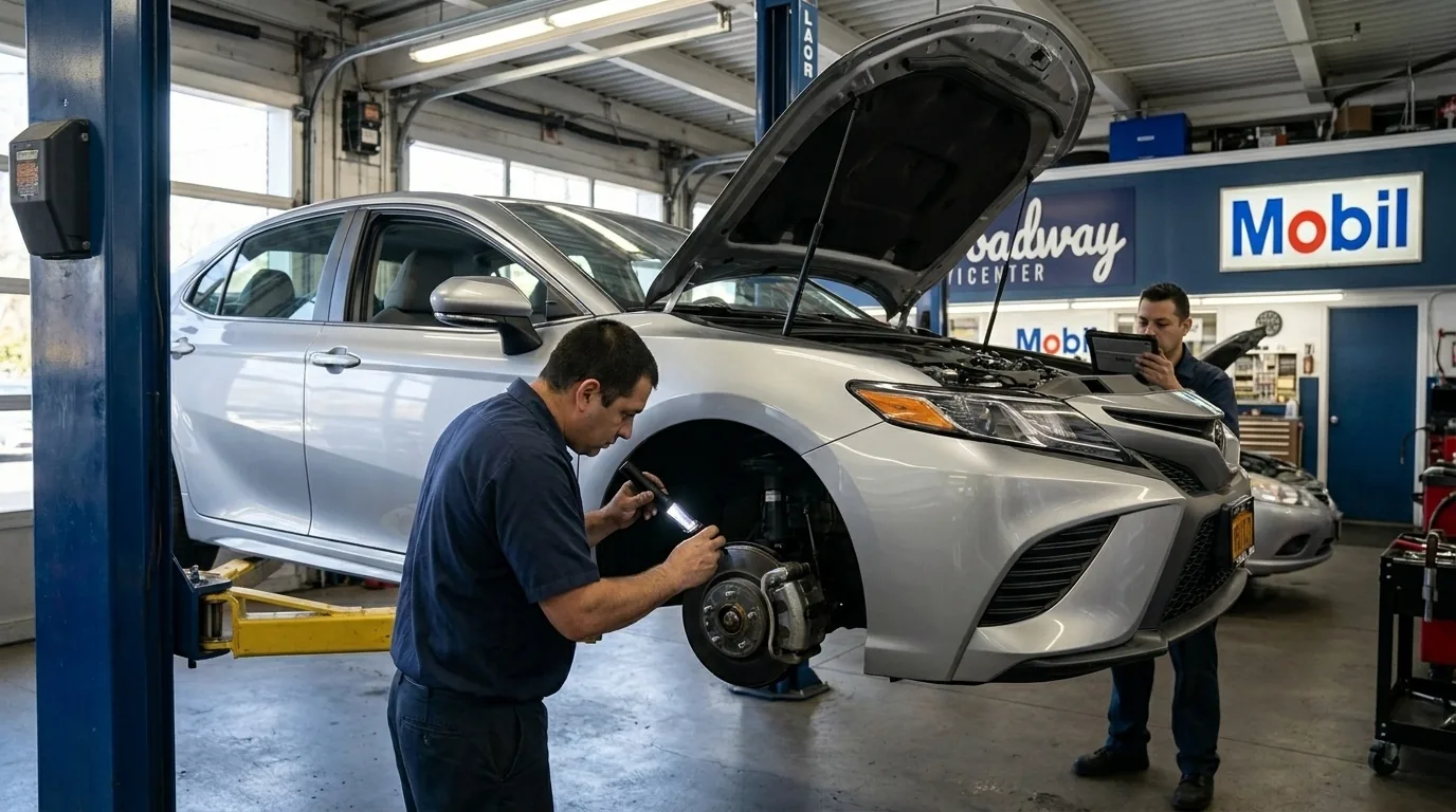 Vehicle undergoing NYS safety inspection at Broadway Servicenter in Garden City, NY