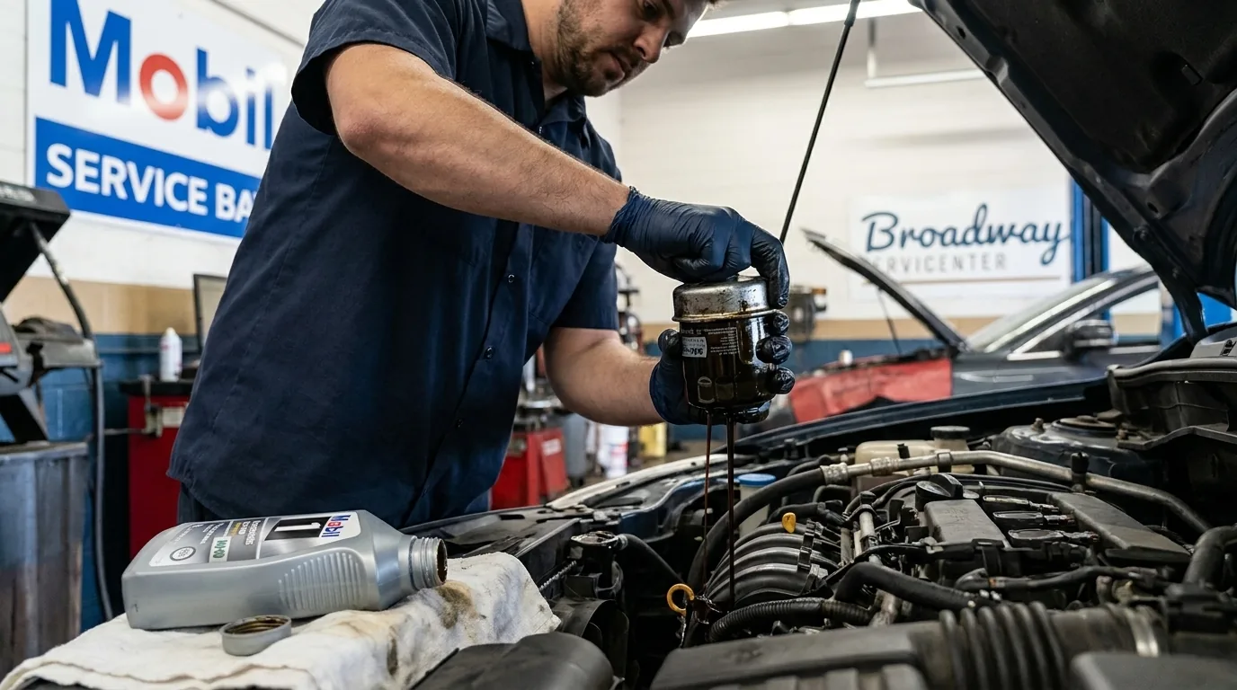 Technician performing a synthetic oil change at Broadway Servicenter in Garden City, NY