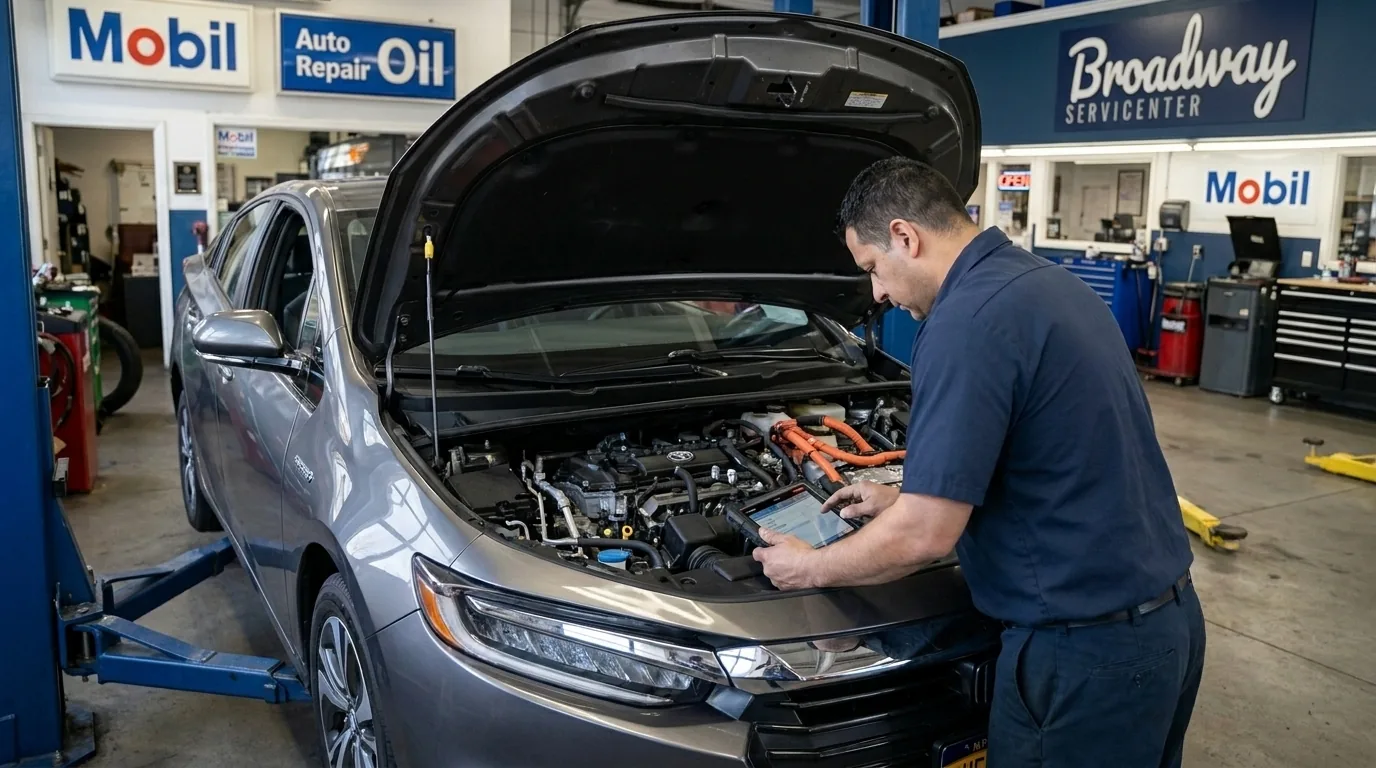 ASE-certified technician servicing a hybrid vehicle at Broadway Servicenter in Garden City, NY