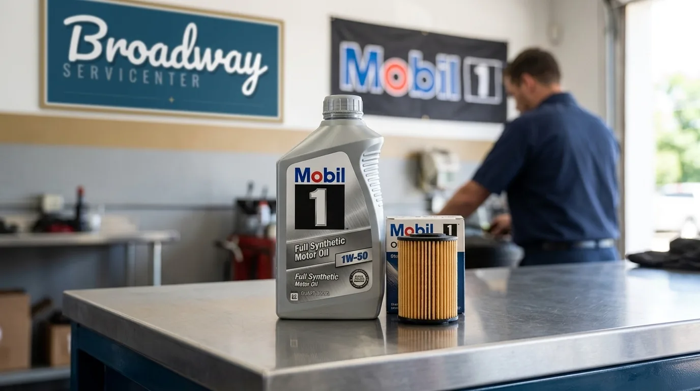 Technician performing a synthetic oil change at Broadway Servicenter in Garden City, NY