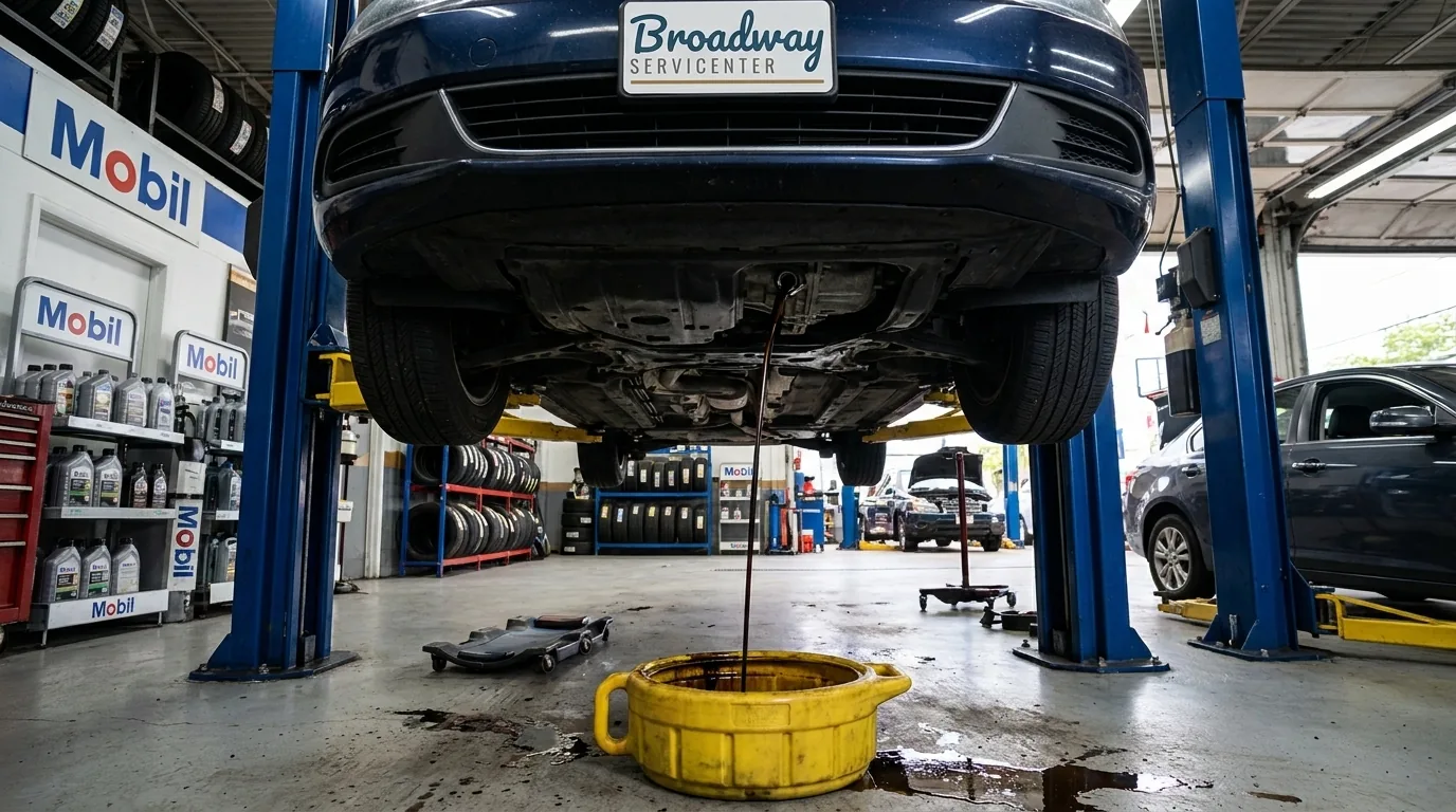 Technician performing a synthetic oil change at Broadway Servicenter in Garden City, NY