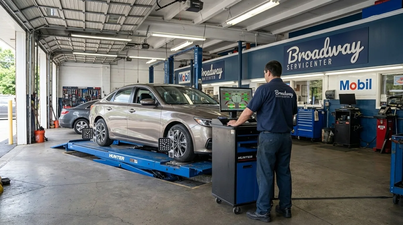 Computerized wheel alignment service at Broadway Servicenter in Garden City, NY